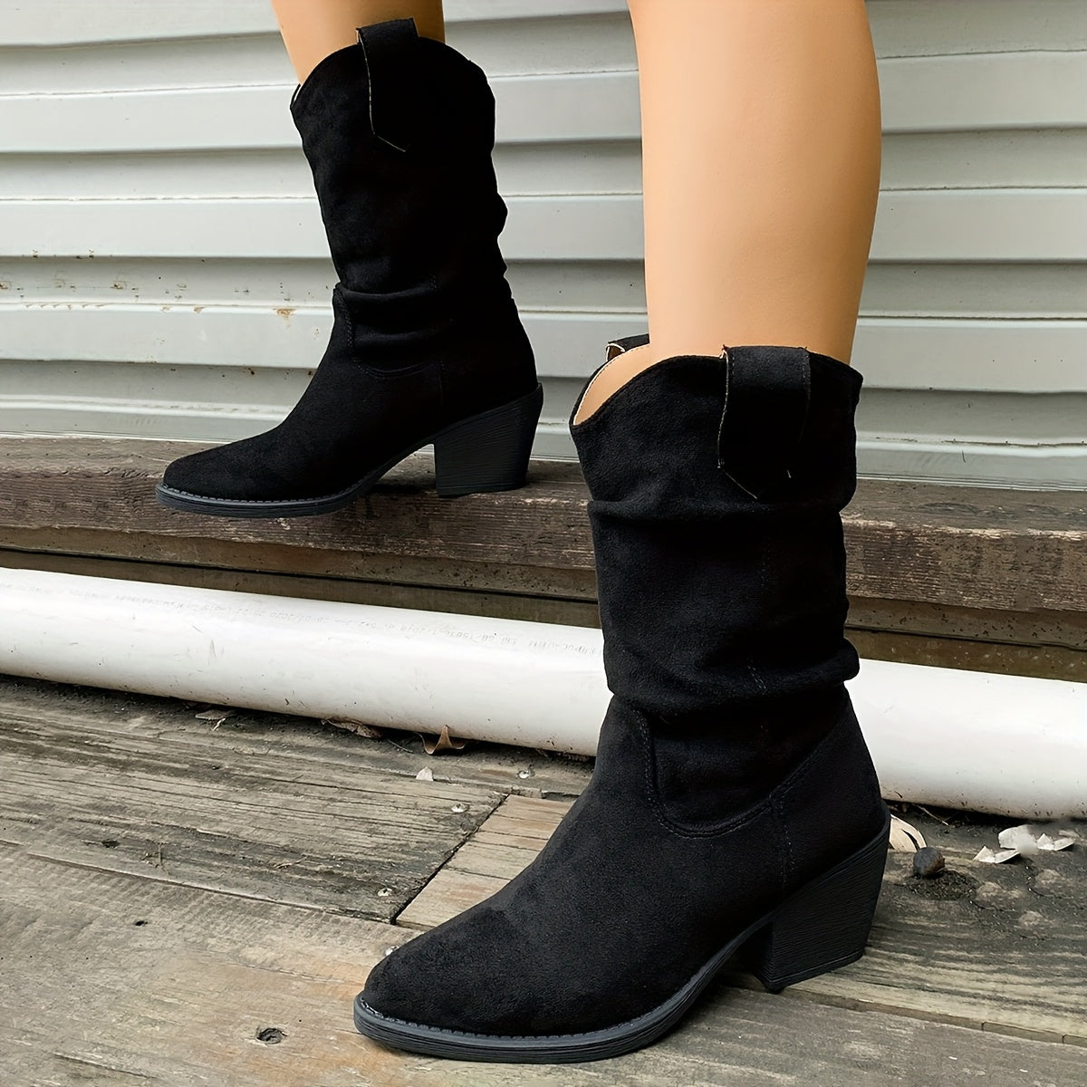 Женские ботинки на среднем каблуке с массивной подошвой и кожзаменителем, легко надевающиеся, для городского стиля