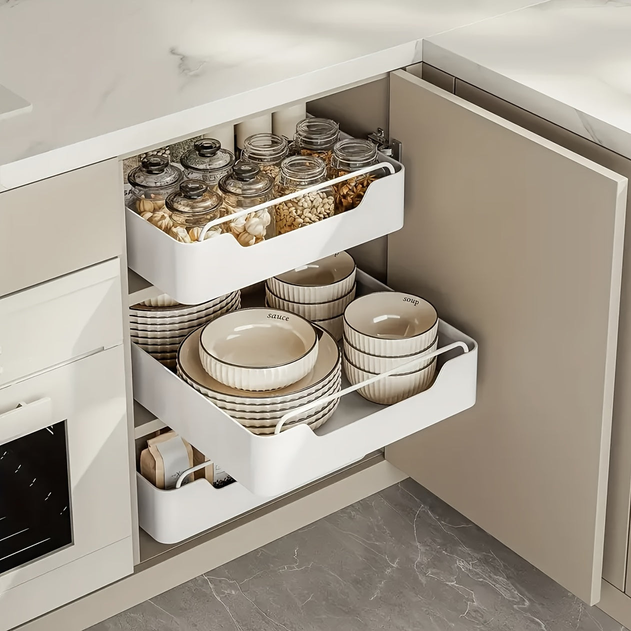 Pull-Out Kitchen Organizer White Carbon Steel Under Sink Storage Drawer for Spices and Utensils