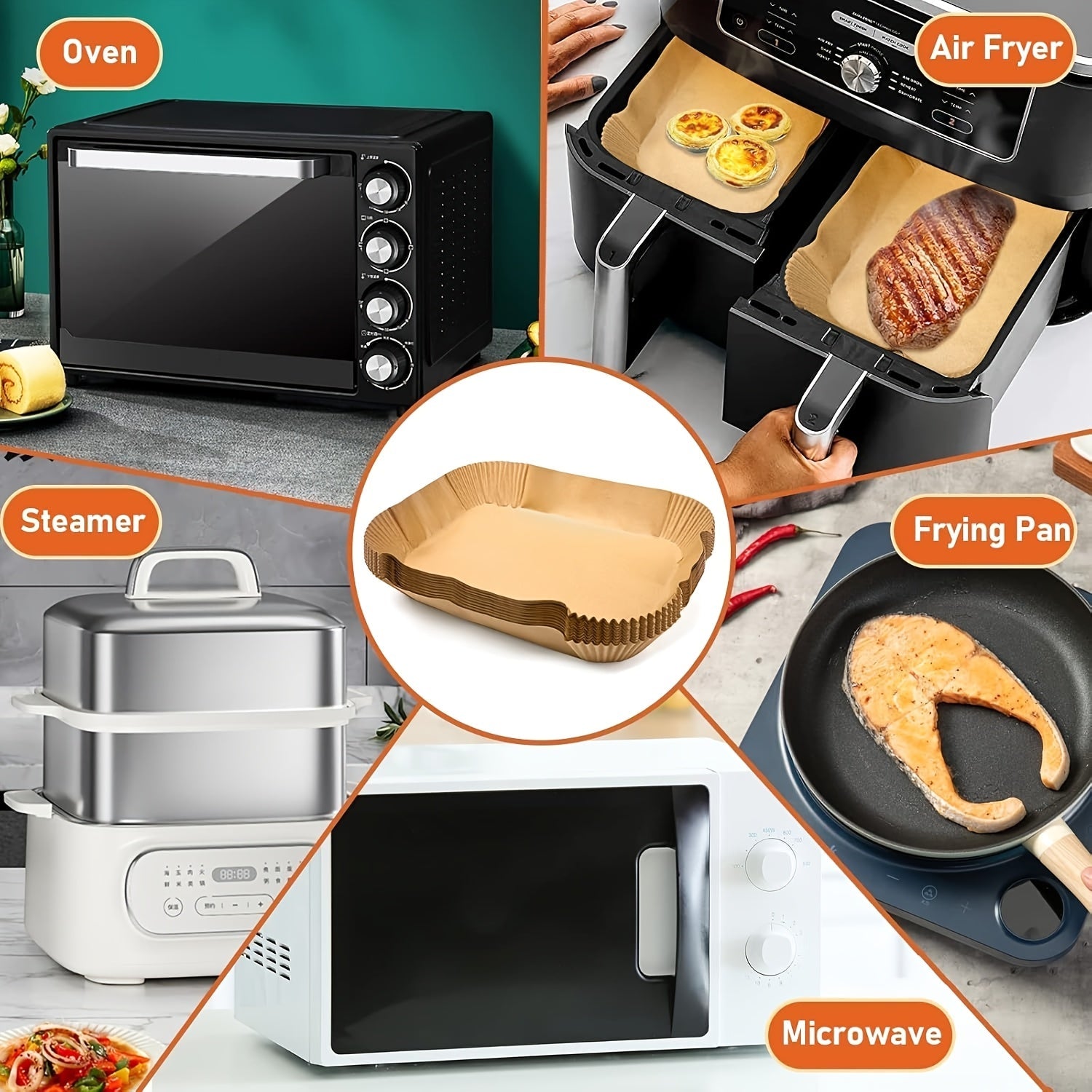 Rectangular Paper Tray for Air Fryers with Oil Blotting Sheets and Baking Liners