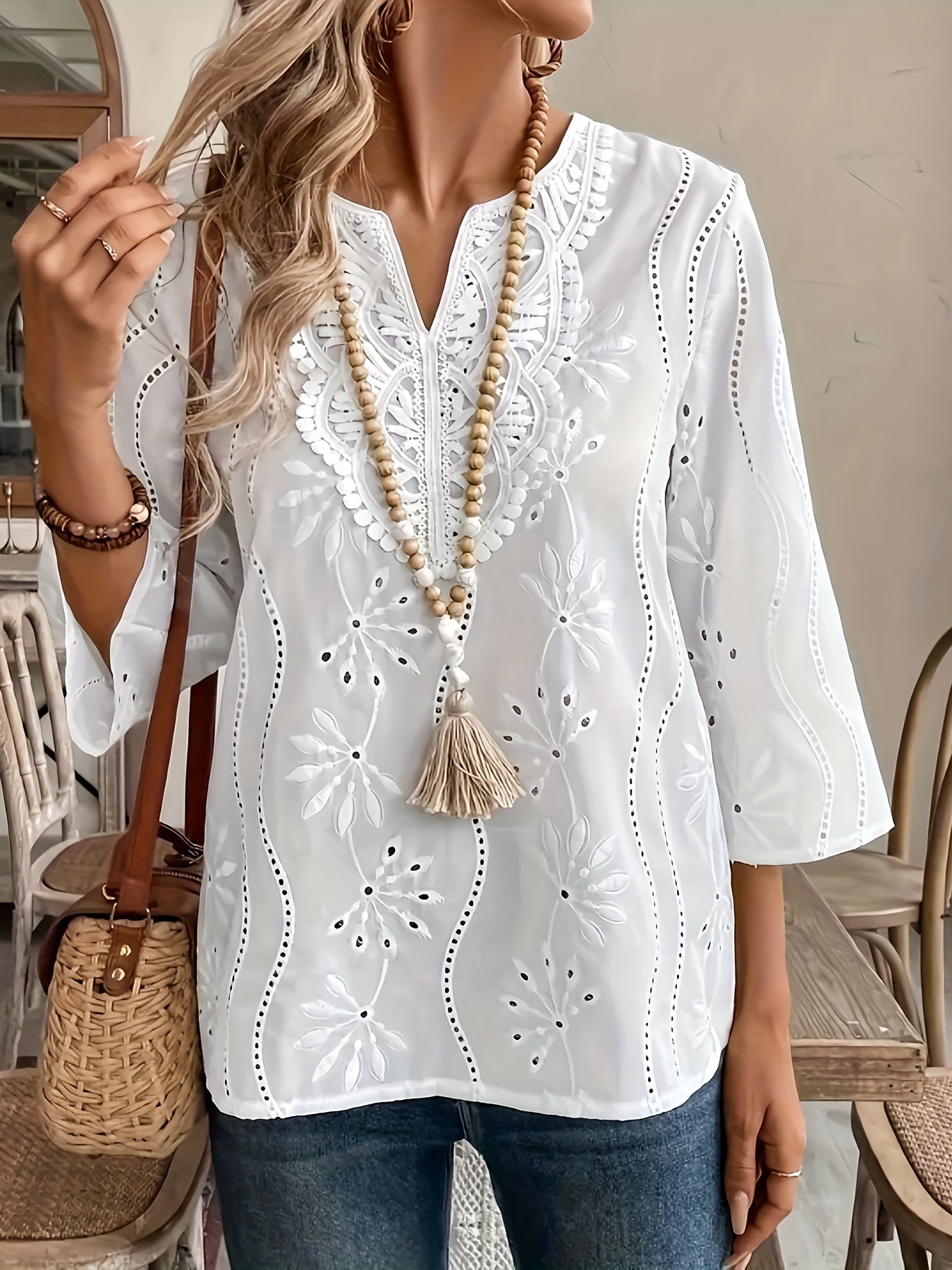 Women's V-Neck Blouse with Lace Detail Solid Cotton Blend Spring Summer Fall