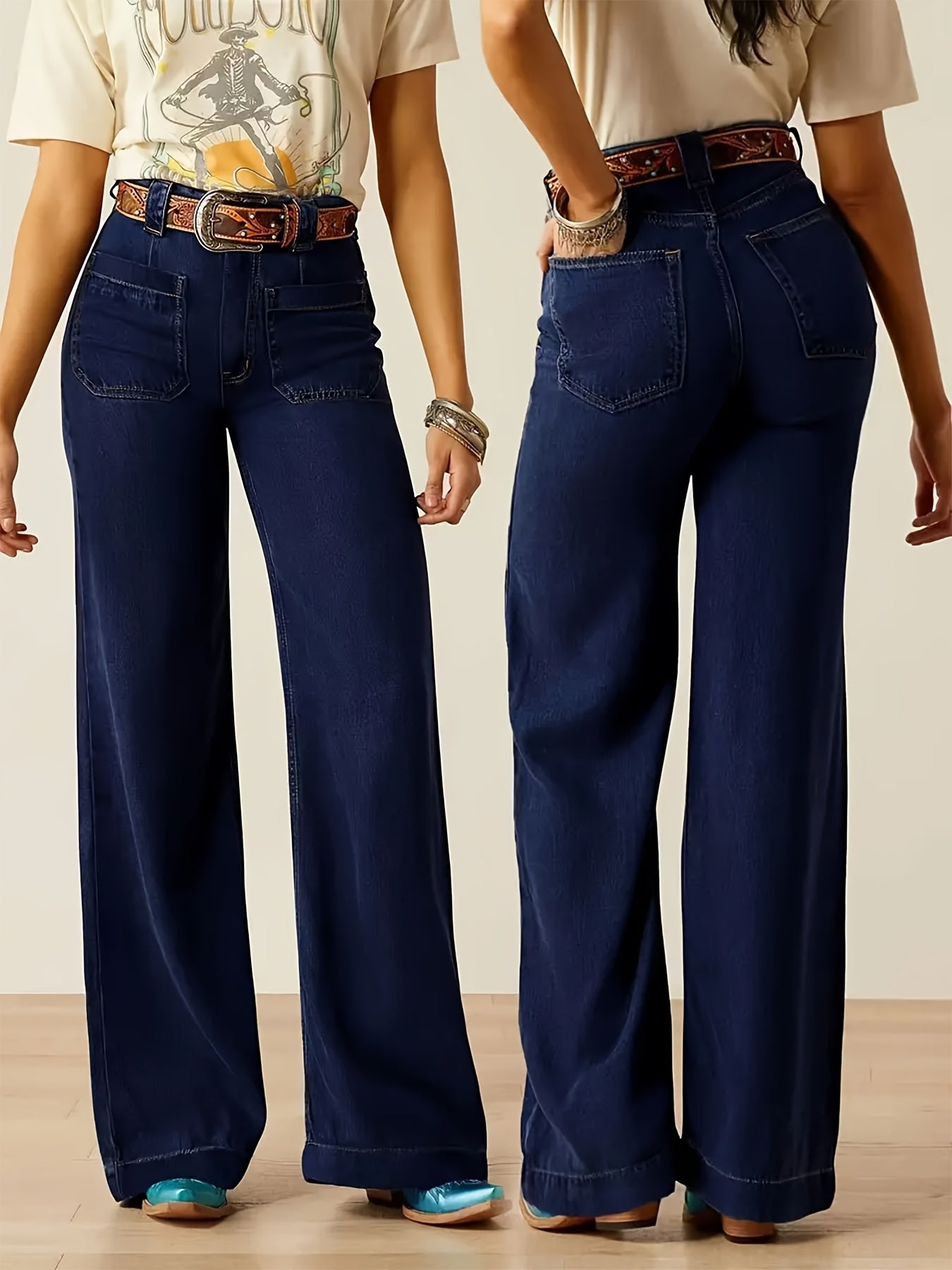 Women's Dark Blue Denim Wide Leg Pants with Elastic Straight Leg Fit for All Seasons