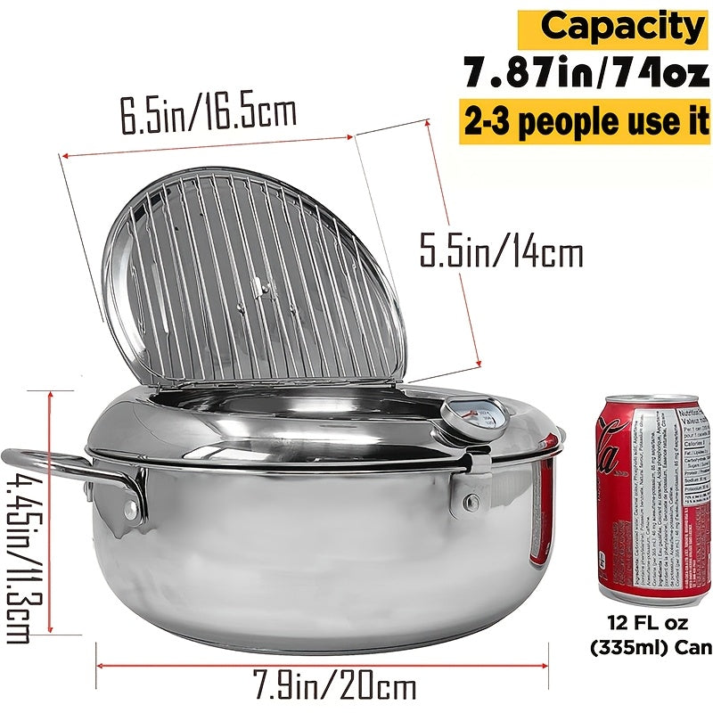 Stainless Steel Deep Fryer Pan with Thermometer 7.9 Inch Japanese Tempura Pot for French Fries Shrimp Chicken Wings