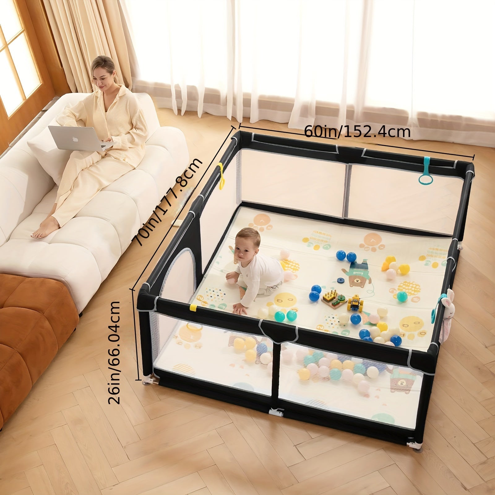 Large Play Yard with Mat and Safety Fence 180cm x 150cm Indoor Outdoor Playpen