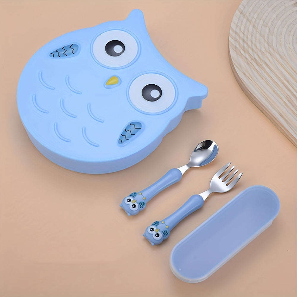 Kids Dinnerware Set 3-Piece Owl-Shaped Non-Toxic Polypropylene with Feeding Plate and Cutlery in Blue Pink Green Orange