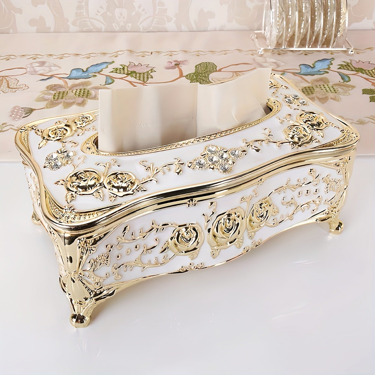 Cajita de pañuelos con patrón de rosas lujoso y soporte de papel chapado en oro