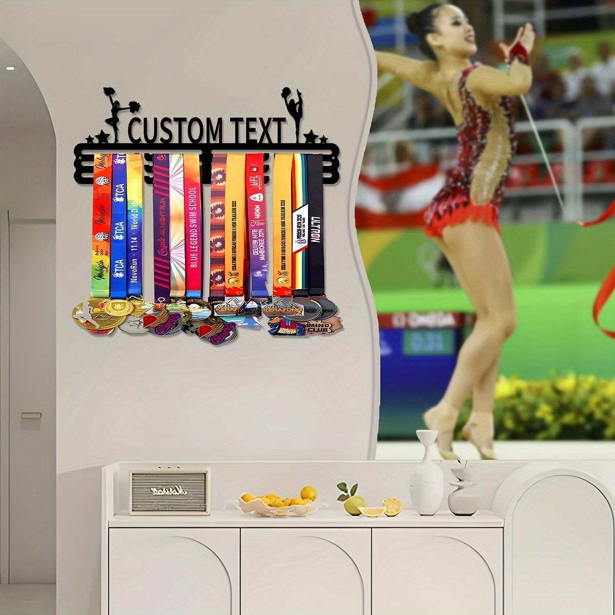 Black Art Deco Style Wall Mount Medal Display Rack with Hooks for Home and Outdoor Decor