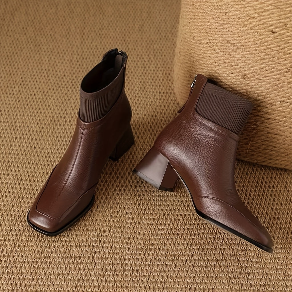 Women Ankle Boots Faux Leather Chunky Heel Elastic Side Brown