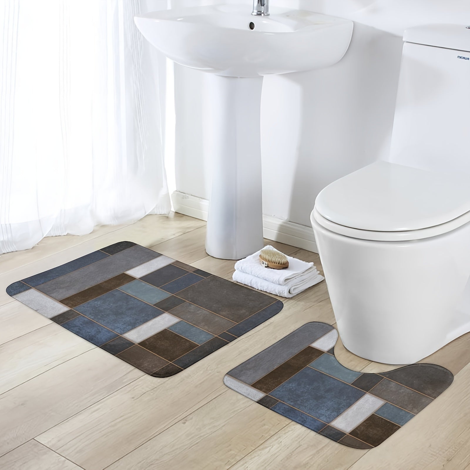 Set of 2 Microfiber Bathroom Rugs Non-Slip Absorbent Foam Bathtub and U-Shaped Mats