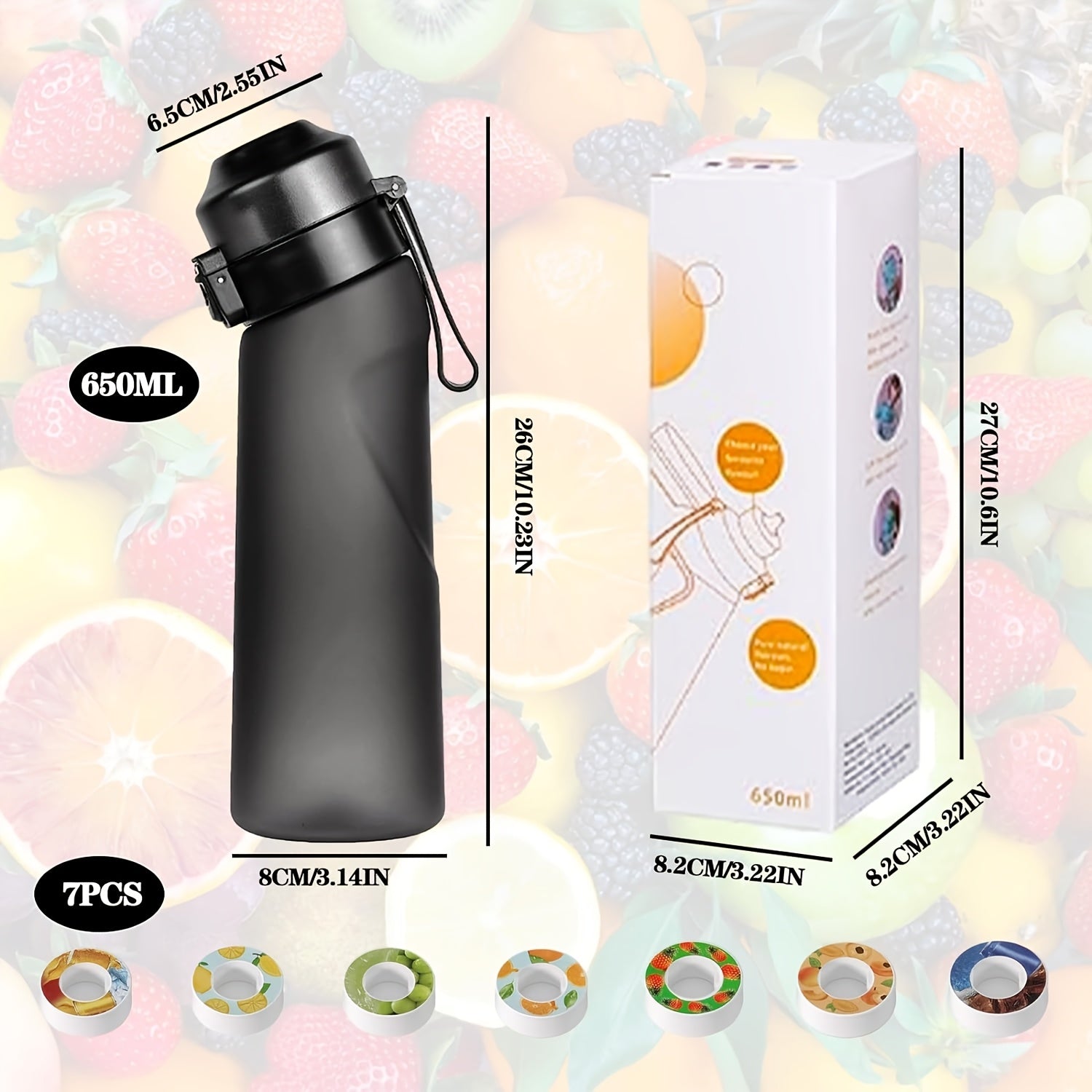 Sports Water Bottle Set with 7 Fruity Scented Capsules, Straw, Transparent Colors