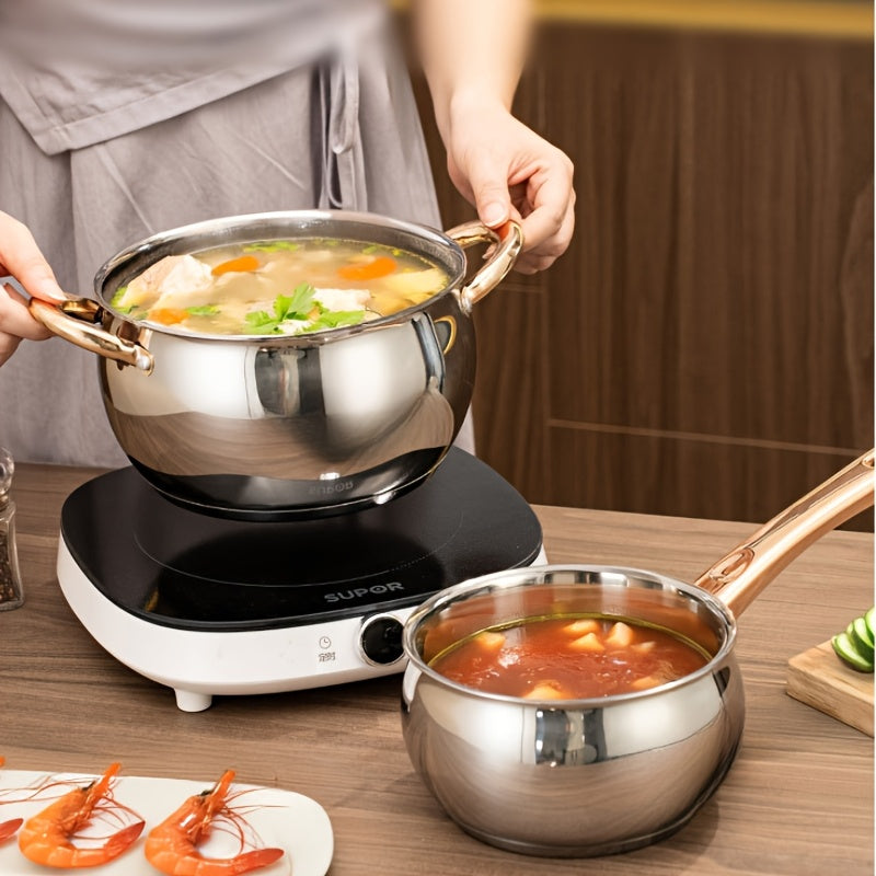 12 dona va oltin tutqichli zanglamas po'latdan yasalgan idish-to'plam, 6 ta shisha qopqoq bilan idishlar, yuqori sifatli va zamonaviy oshxona zaruriyatlari