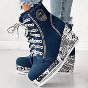 Women’s Solid Denim Lace-Up Platform Boots with Wedge Heel and Round Toe