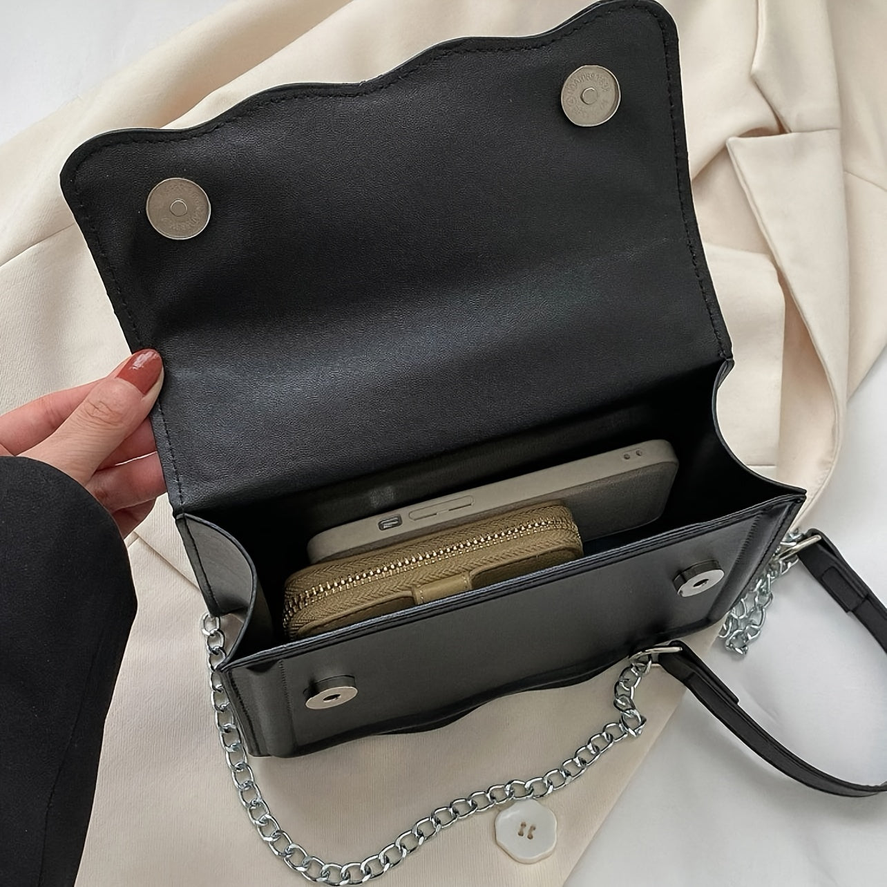Small Square PU Crossbody Bag with Scallop Detail and Chain Shoulder Strap