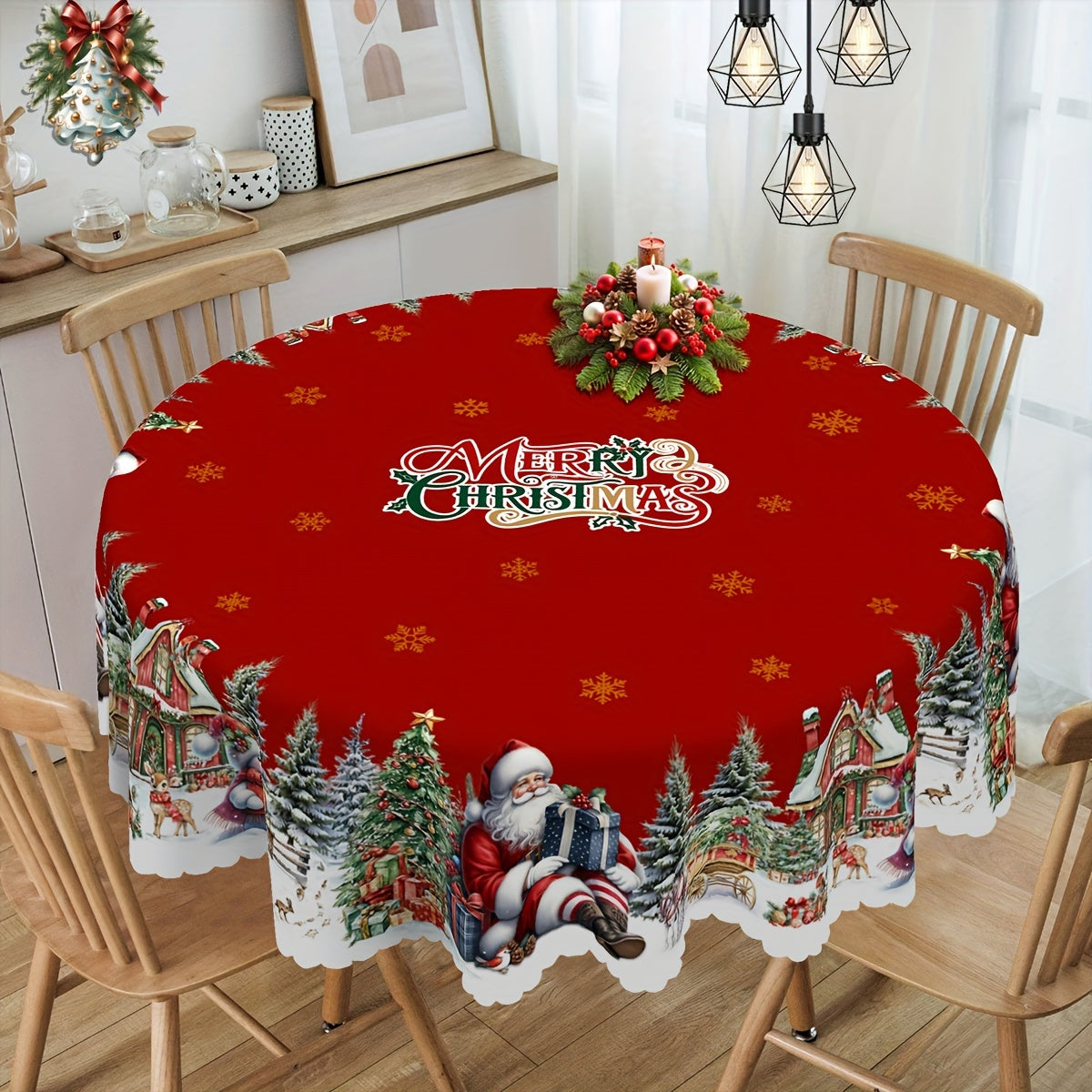 Christmas Tablecloth with Santa Snowman and Tree Patterns Polyester for Round and Rectangular Tables