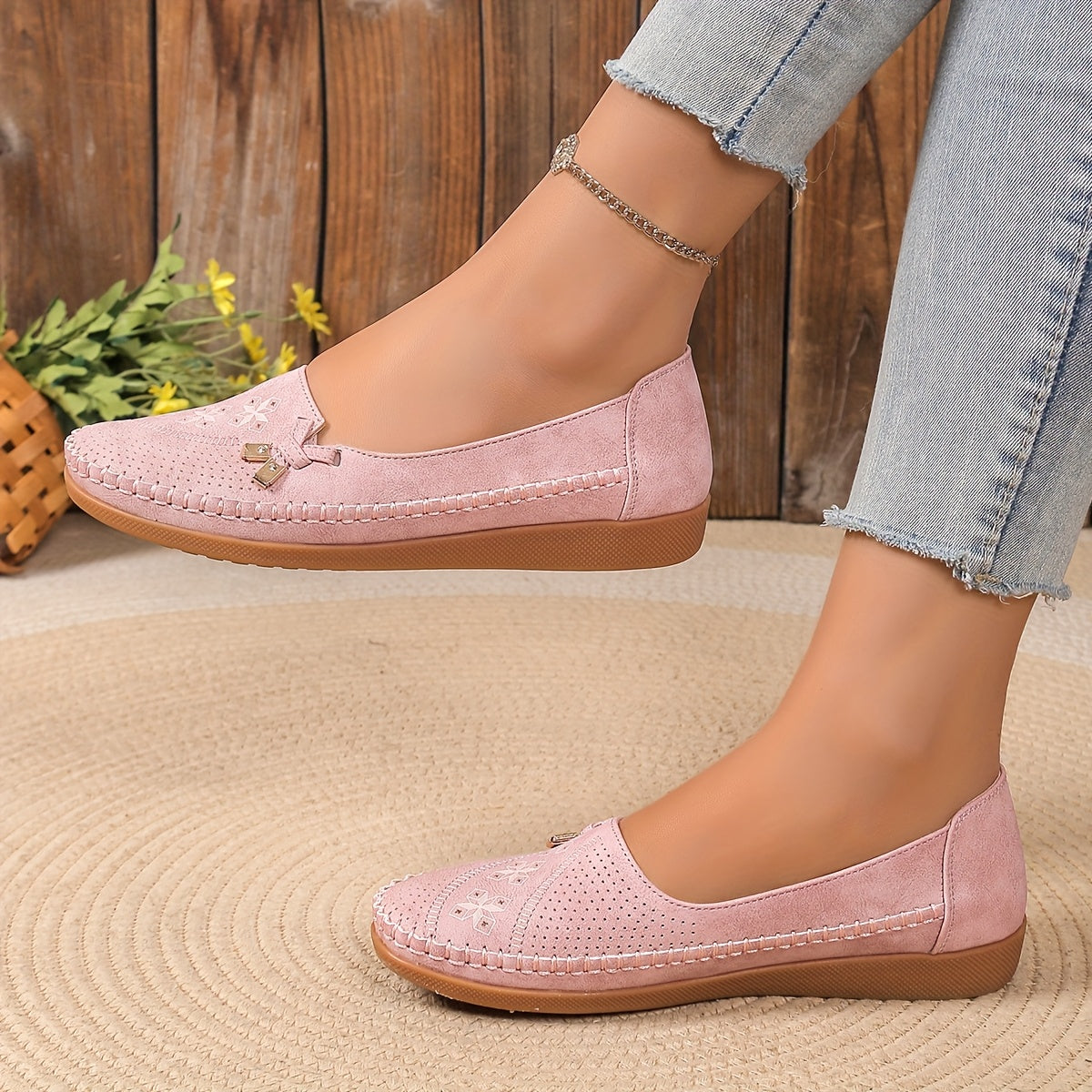 Women's Pink Synthetic Slip-On Loafers with Bow and Geometric Pattern