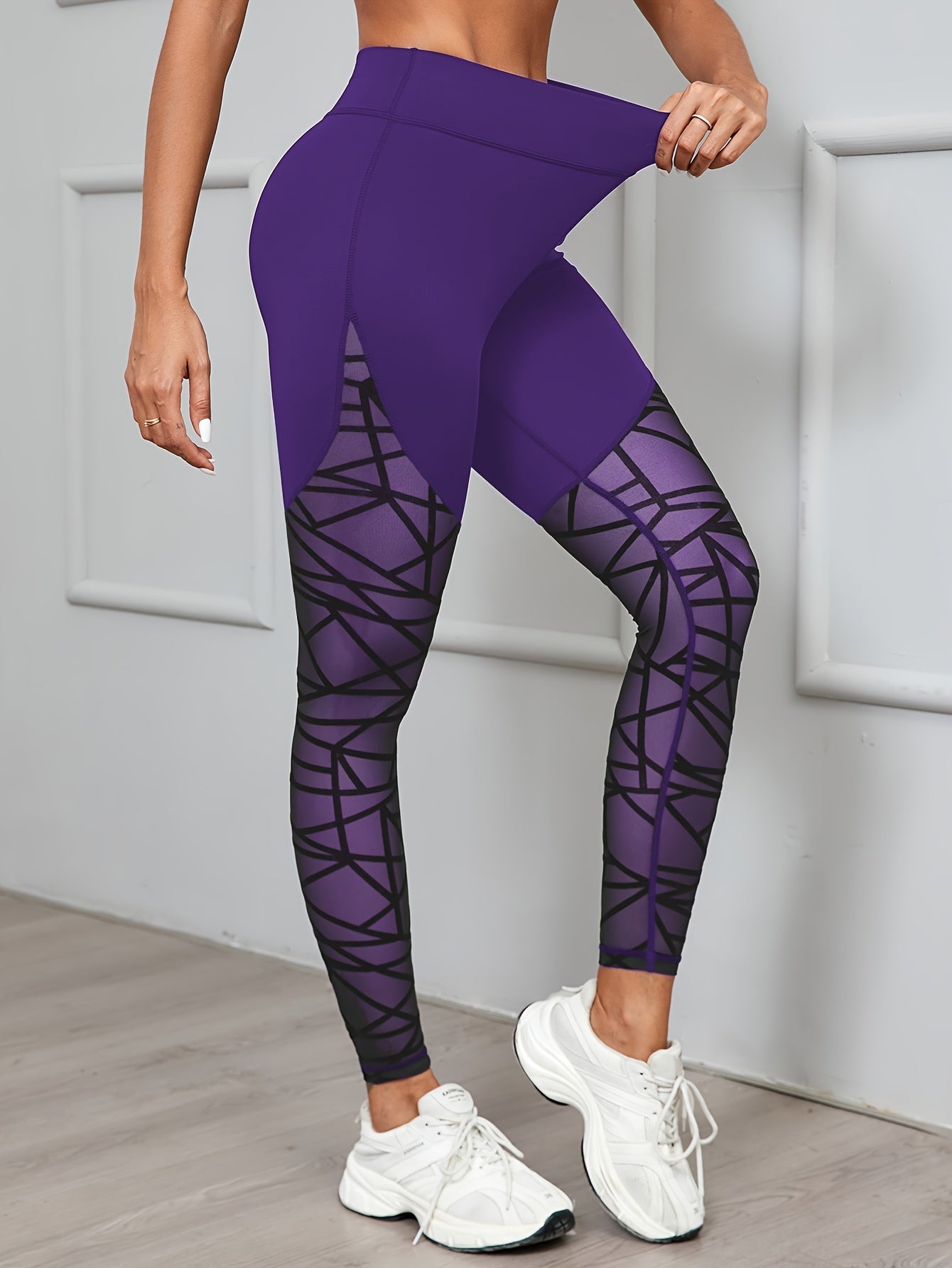 Women's High Waist Geometric Mesh Leggings for Yoga and Fitness Medium Stretch Polyester