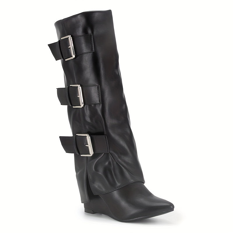 Women's Black Knee-High Boots with Buckle Straps Pointed Toe Wedge Heel