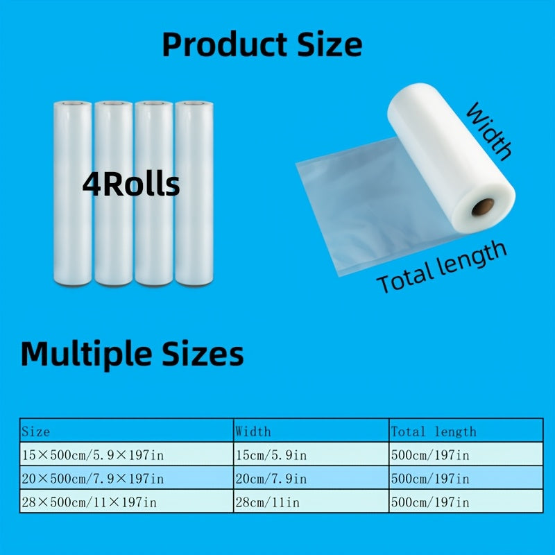 4 ta BPA-siz vakuum yopish uchun roll paketlar to'plami, 5m uzun, oziq-ovqat saqlash, taom tayyorlash, sous vide