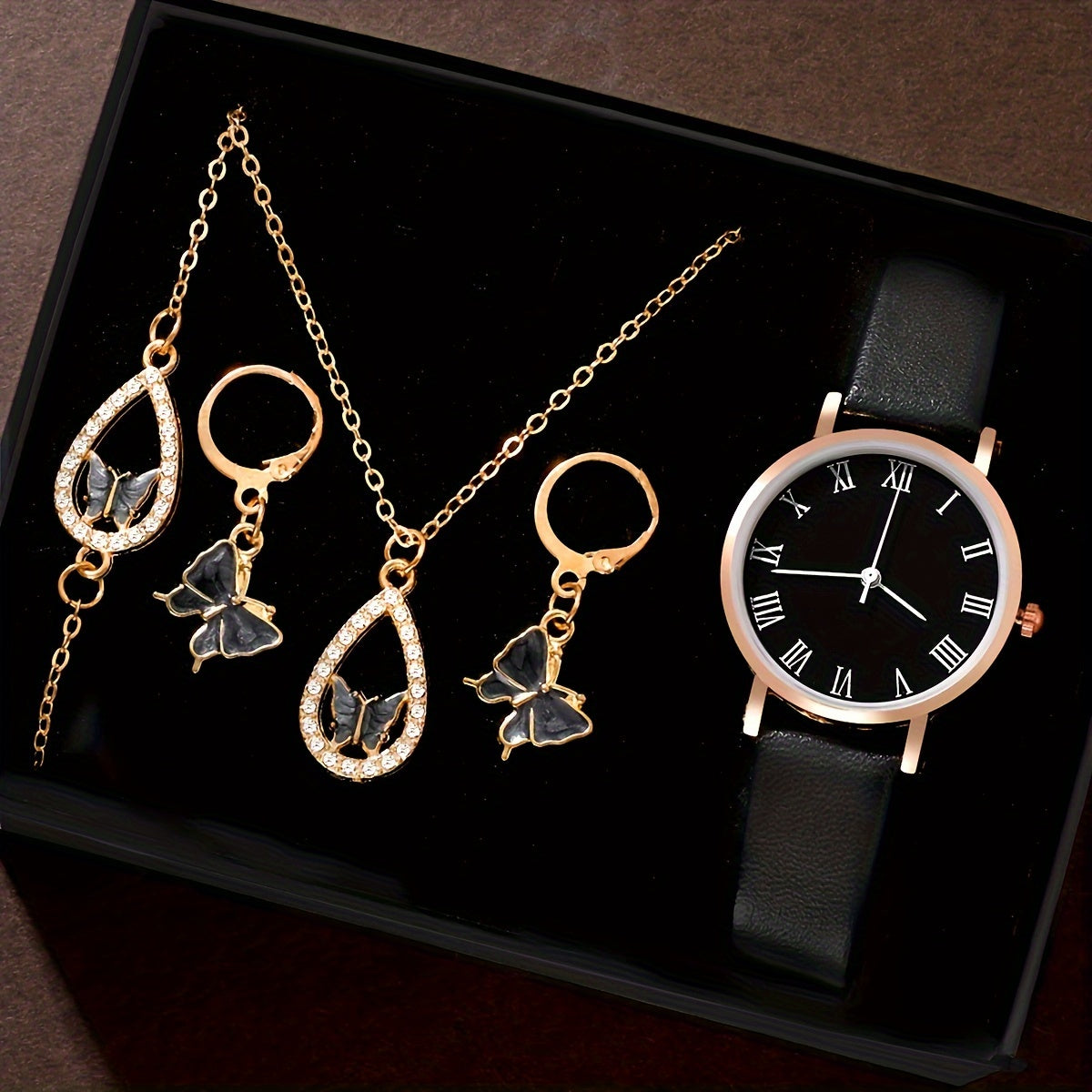 Ayollar uchun zargarlik to'plami, 5 ta qism, kvarts soat bilan, charm strap, an'anaviy moda aksessuarlari