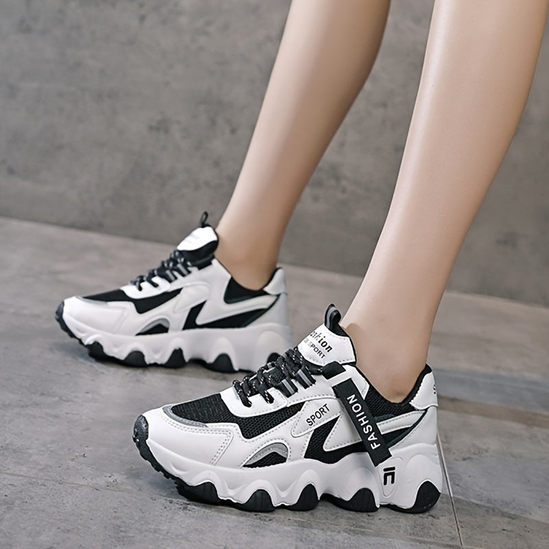 Women's Breathable Mesh Athletic Sneakers White Purple Low Top Lace-Up Thick Sole Sporty Design