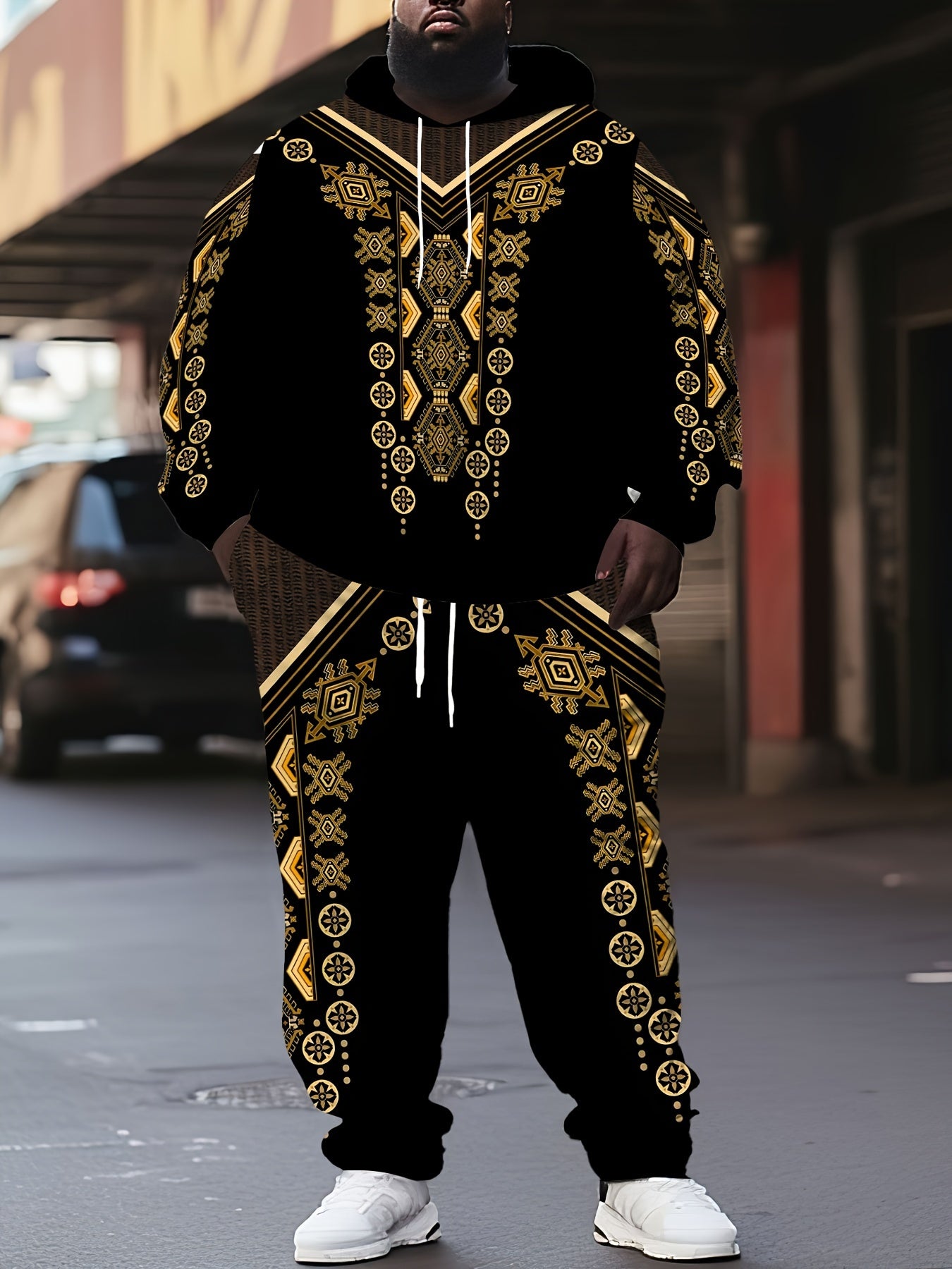 Men's Plus Size Sports Set Hoodie and Pants with Geometric Print Polyester Knit