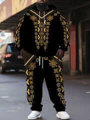 Men's Plus Size Sports Set Hoodie and Pants with Geometric Print Polyester Knit