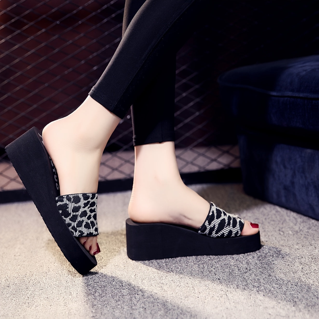 Women's Open-Toe Leopard Print Wedge Sandals Summer Slip-On Fabric Heel
