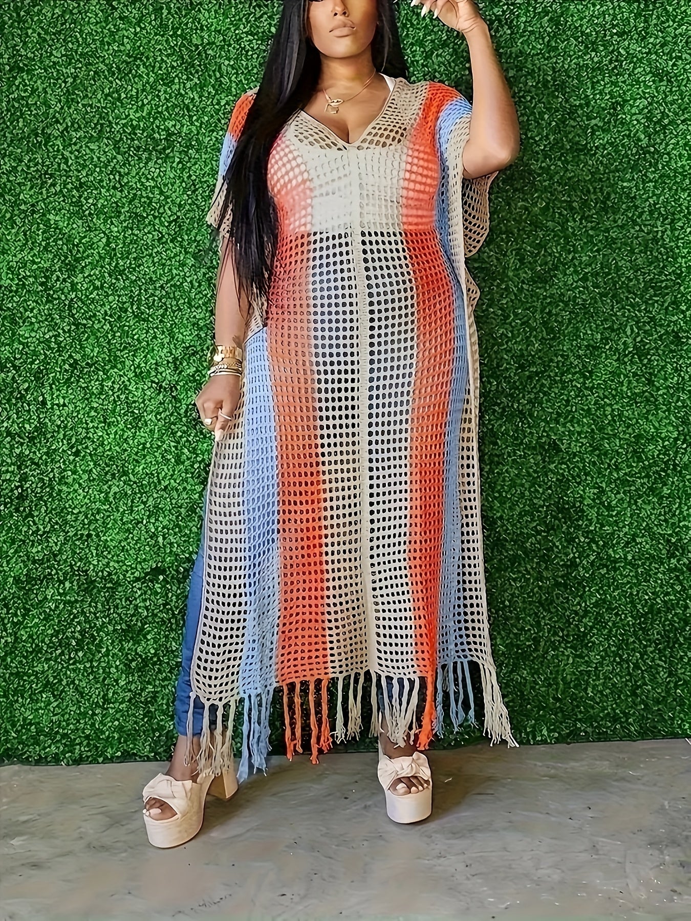 Plus Size Women's Color-Blocked Fringe Beach Sweater Spring Summer Fall