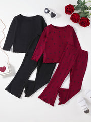 Conjunto de ropa de punto para niñas con bordes con volantes en poliéster negro y rojo para primavera y otoño