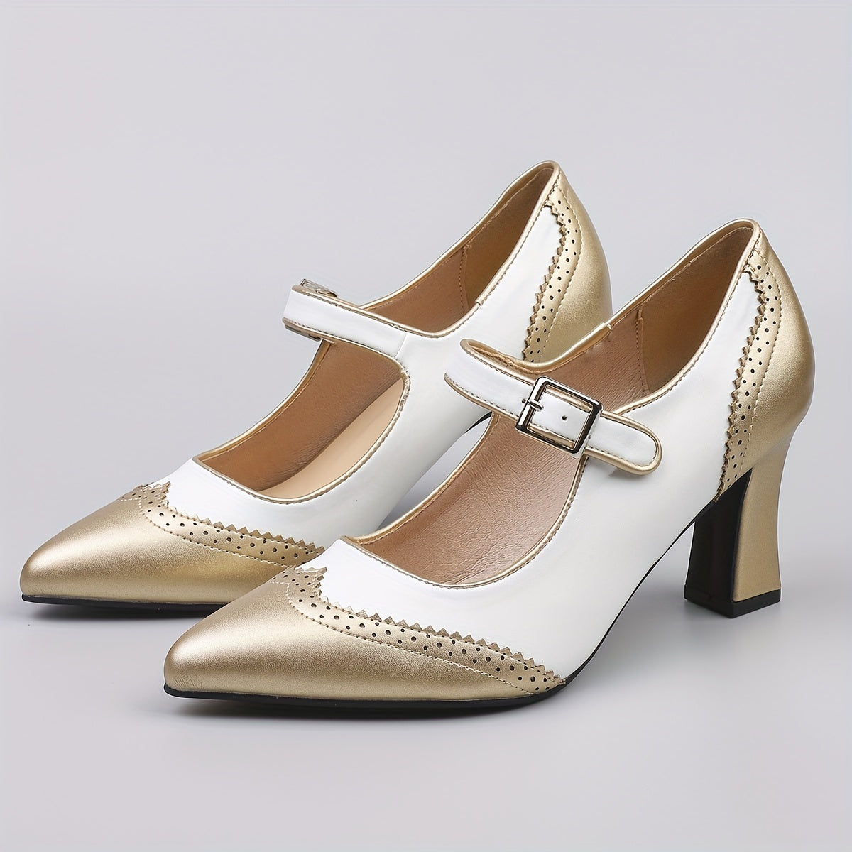 Women's Leather Pointed Toe Pumps Vintage Chunky Heel Formal Shoes