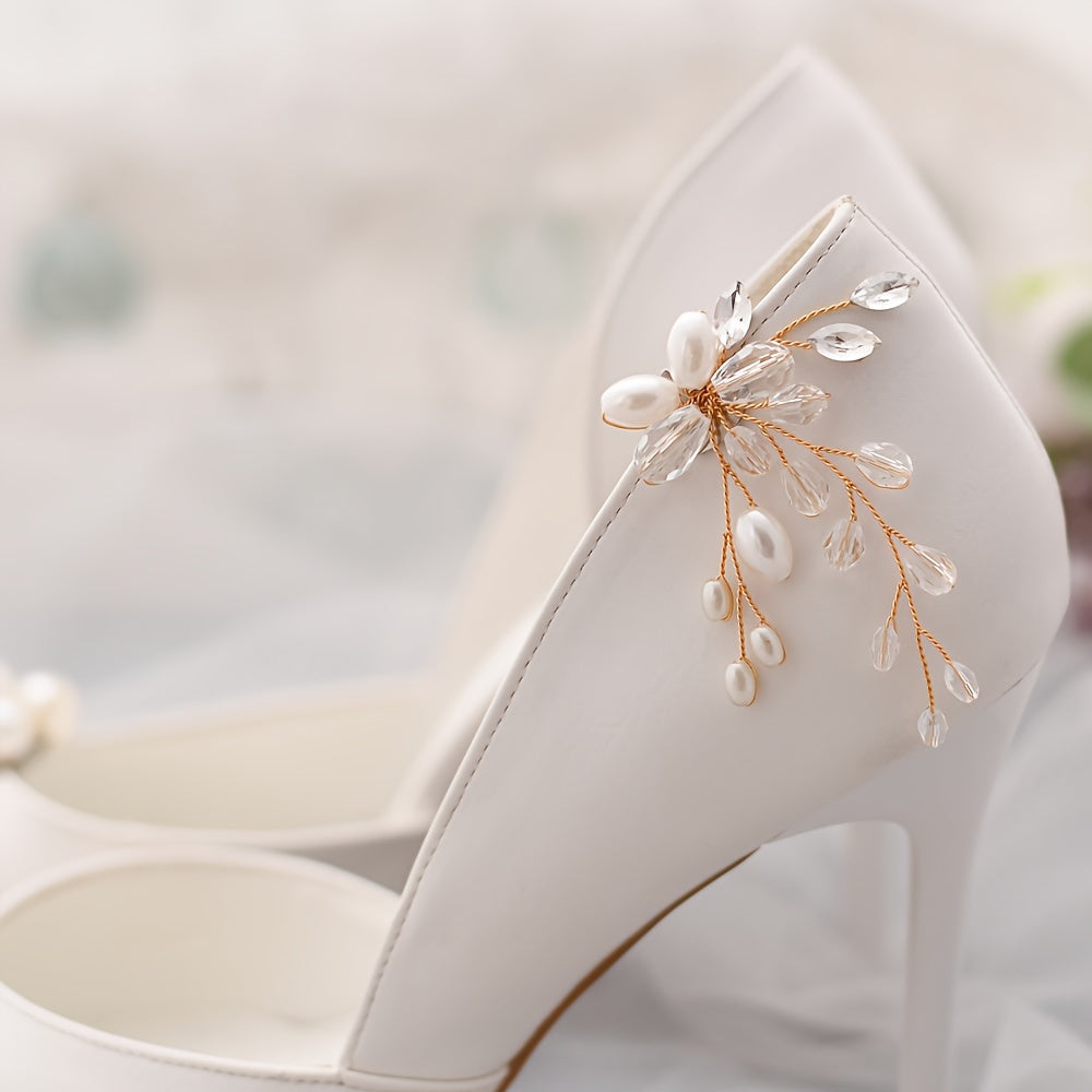 Set of Bridal Pearl Shoe Clips with Floral Beading for Weddings and DIY Decor