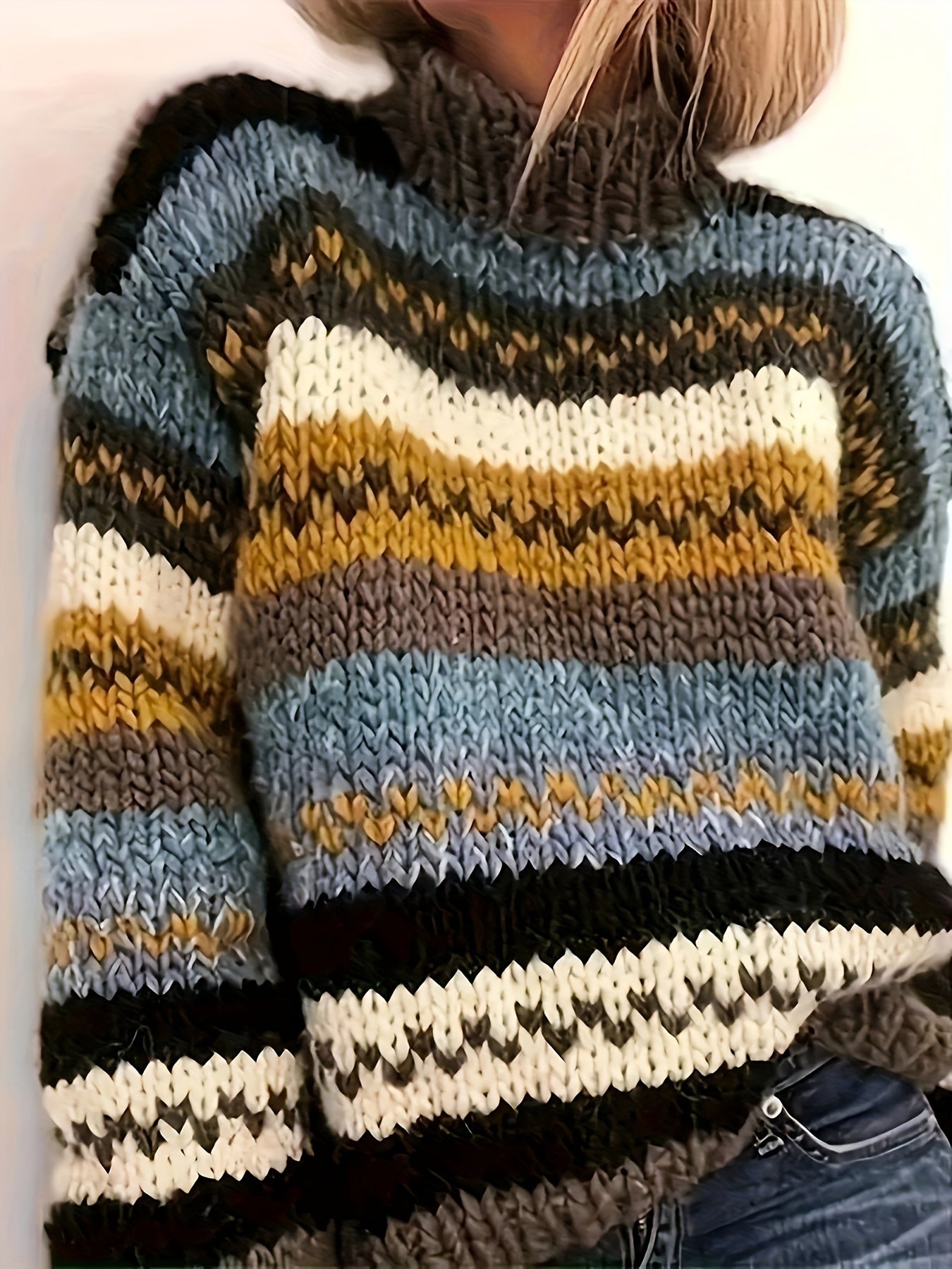 Plus Size Striped Acrylic Knit Sweater High Neck Pullover All Seasons