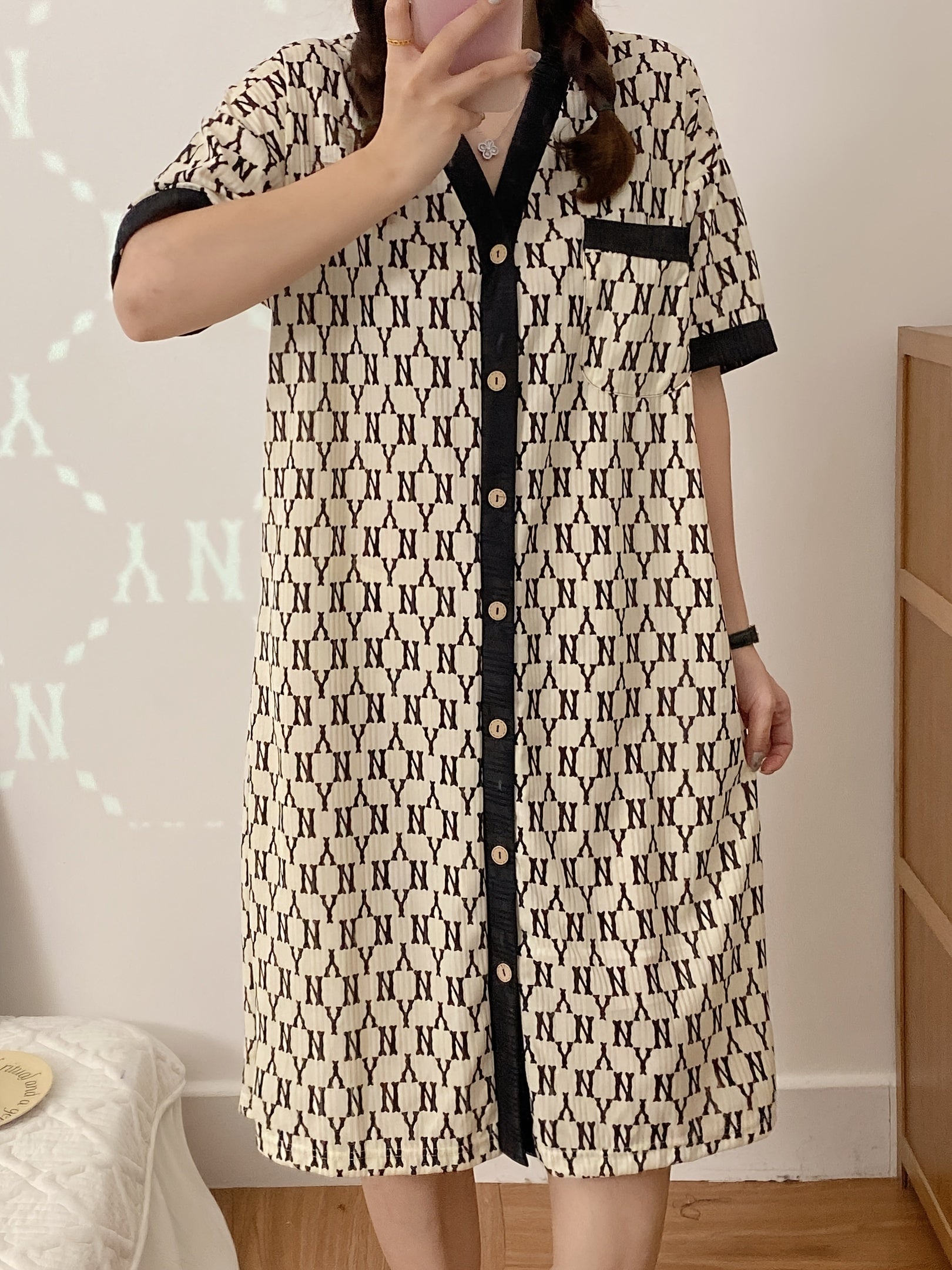 Women's Ribbed Pajama Robe with Letter Print and Colorblock Short Sleeves