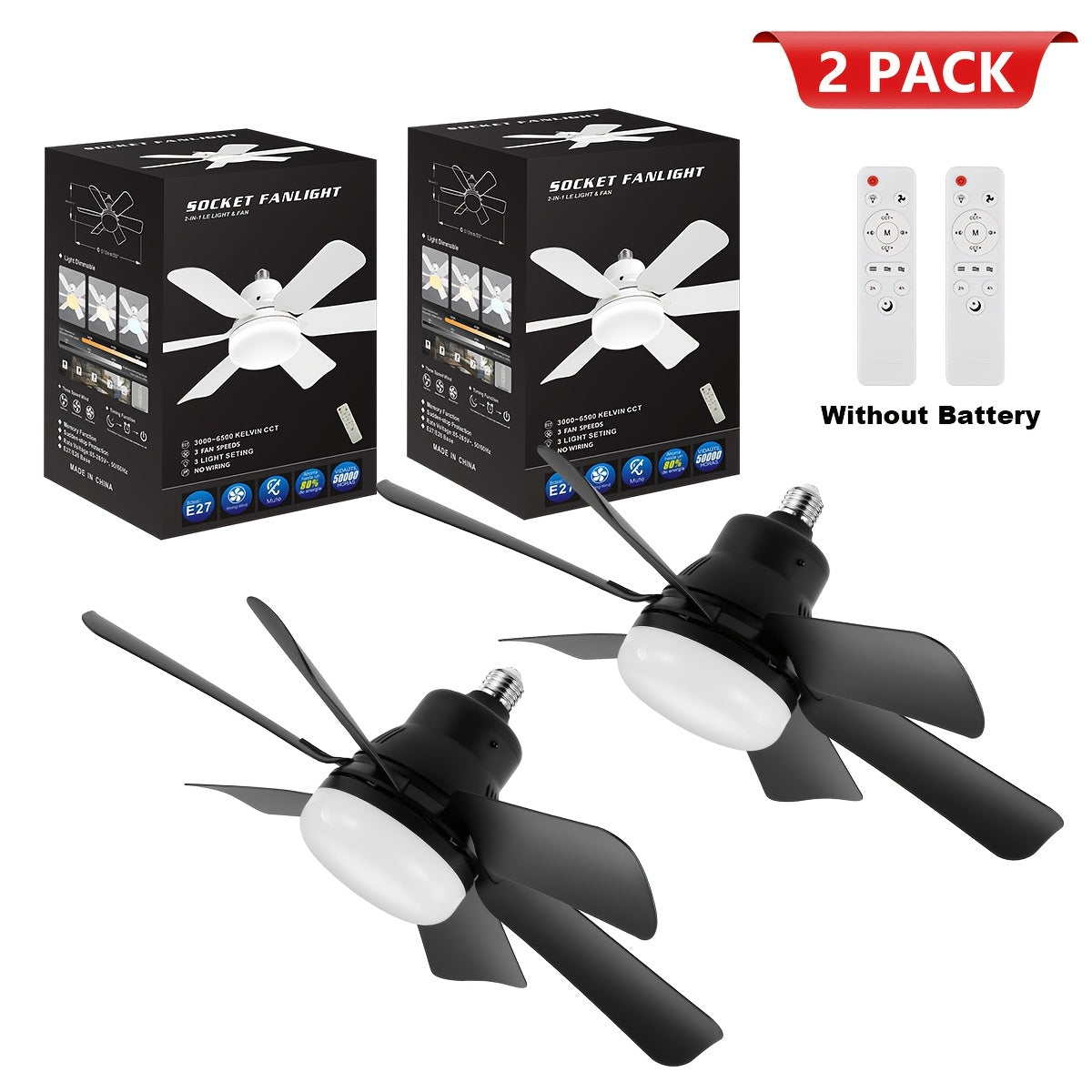 2pcs LED Ceiling Fan Bulb with Remote Control Adjustable Brightness and Speed E26/E27 Compatible for Living Room Bedroom Kitchen