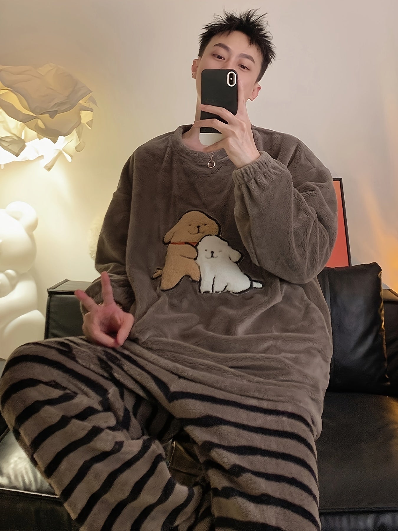 Men's Fleece Pajama Set with Cartoon Pattern for Fall Winter Home Wear