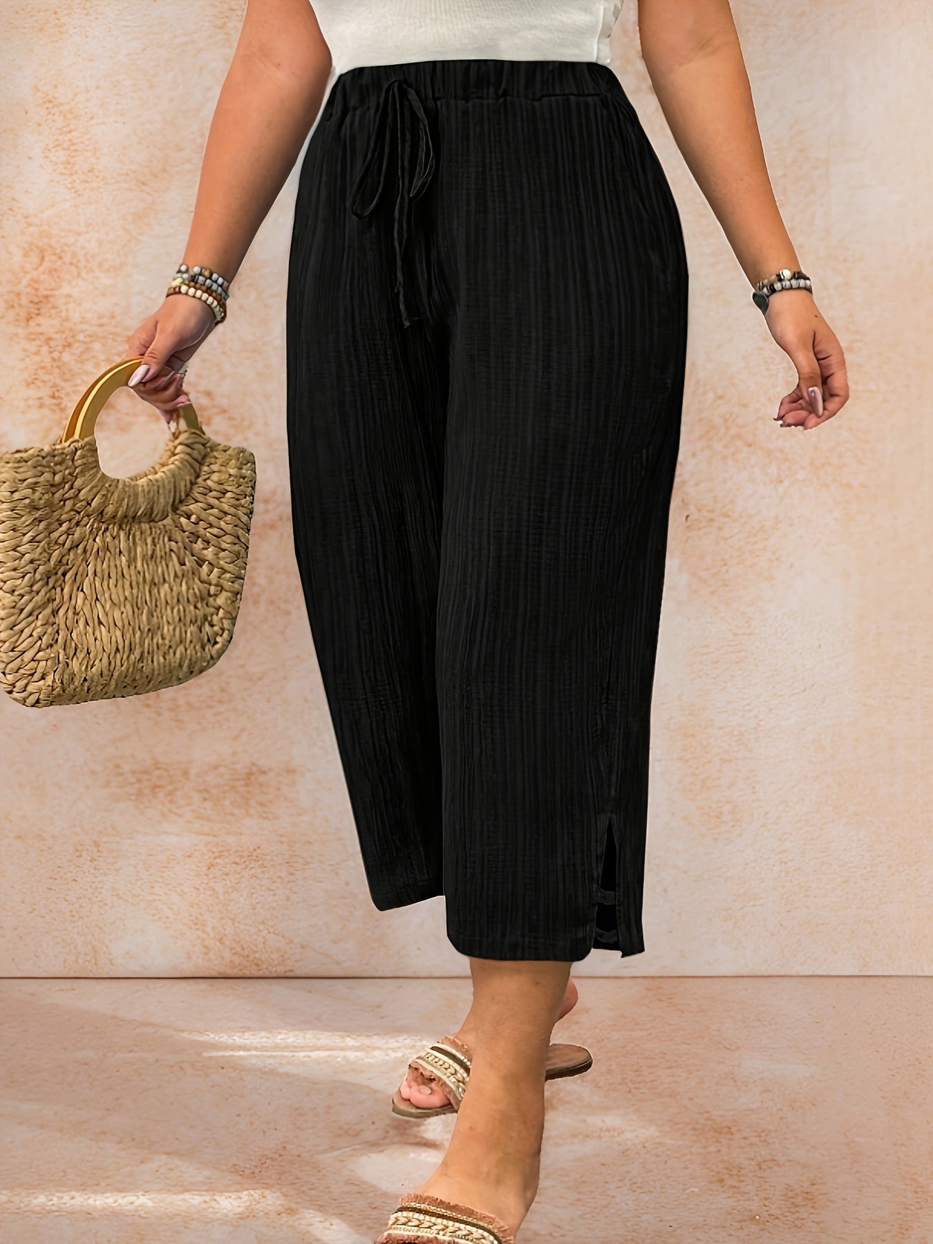 Women's Solid Color Wide-Leg Pants with Elastic Waistband