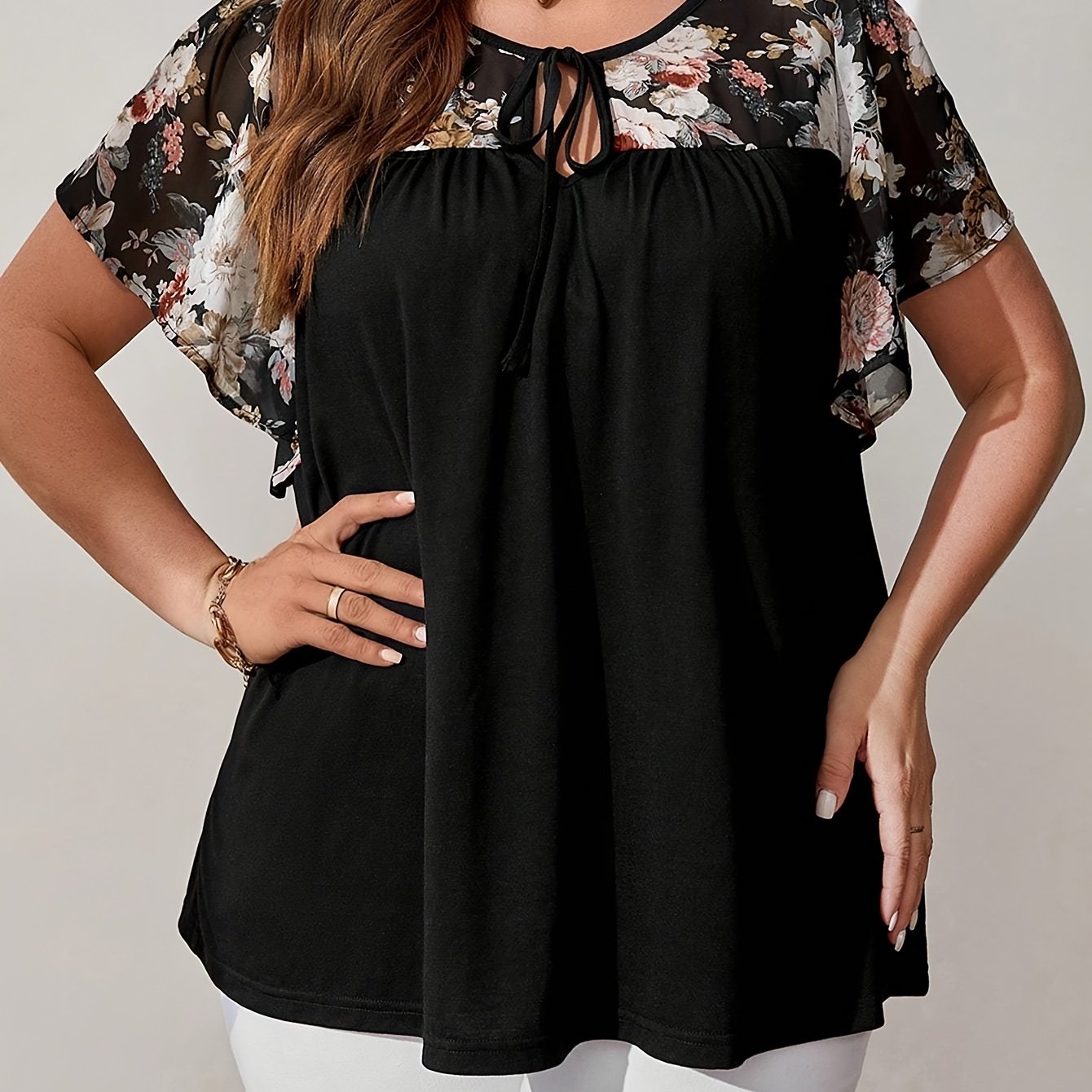 Plus Size Women's Black Floral Blouse with Tie-Front and Butterfly Sleeves
