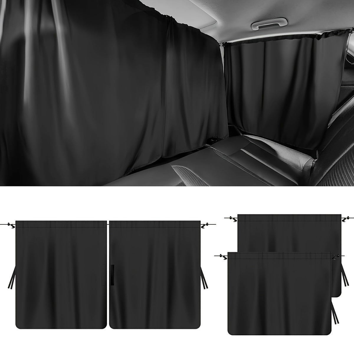 Car Privacy Curtain Set for Sedan and SUV Black Oxford Cloth 4 Pieces