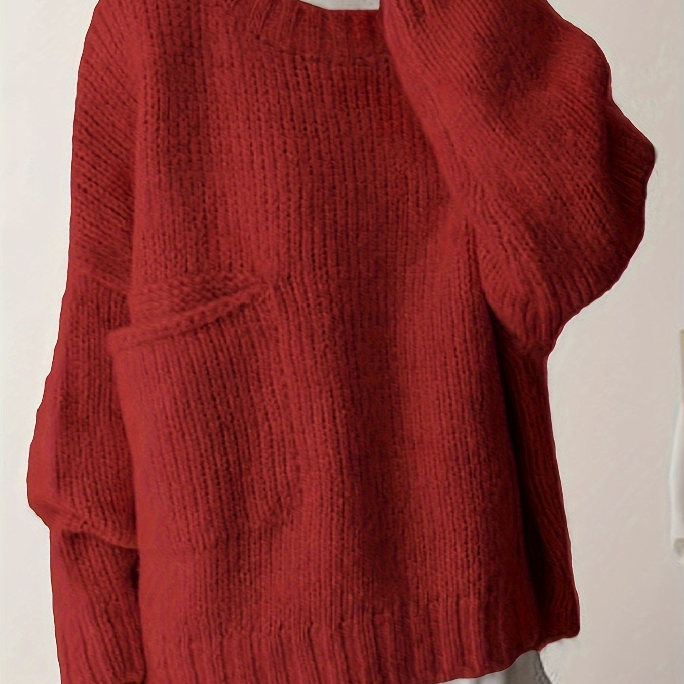 Suéter de punto verde de talla grande para mujer con bolsillos, cuello redondo, manga larga y cómodo