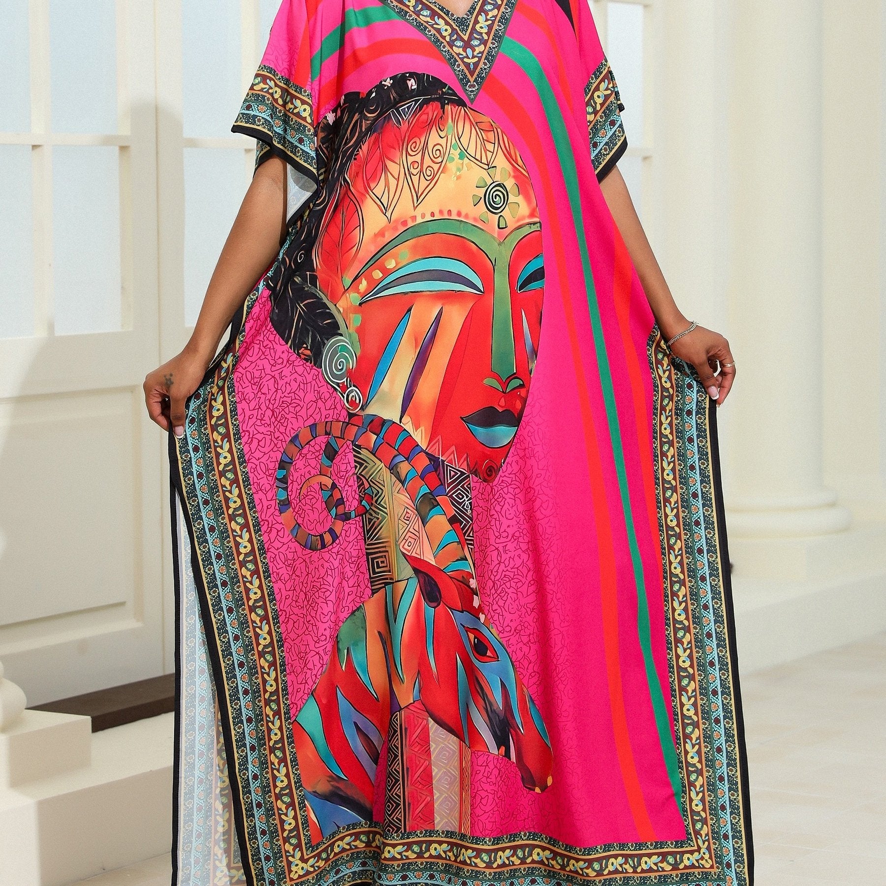 Plus Size Boho Cover Up Dress with V-Neck Short Sleeve Patterned Woven Polyester