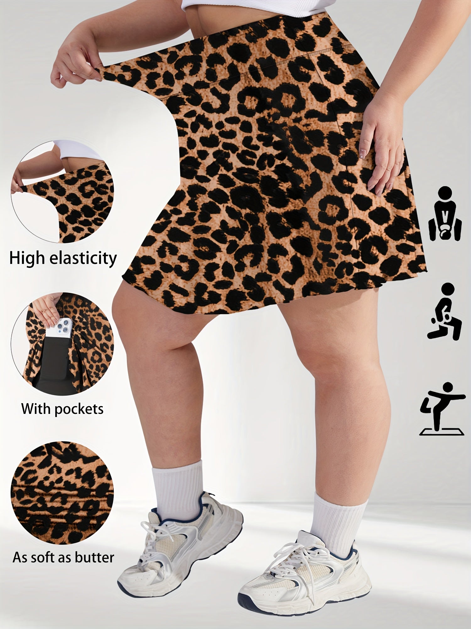 Plus Size High-Waisted Flared Skirt Shorts Tummy Control Leopard Print Summer Comfortable