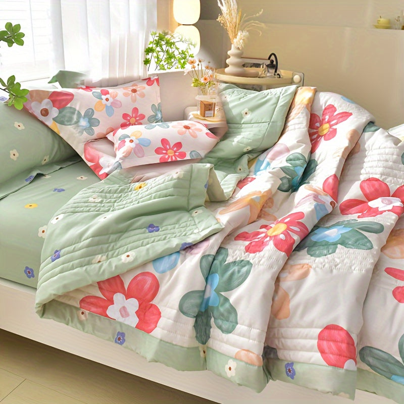 Floral Printed Quilt Set for All Seasons with Pillowcases for Single Double Bed Sofa Guest Room Home