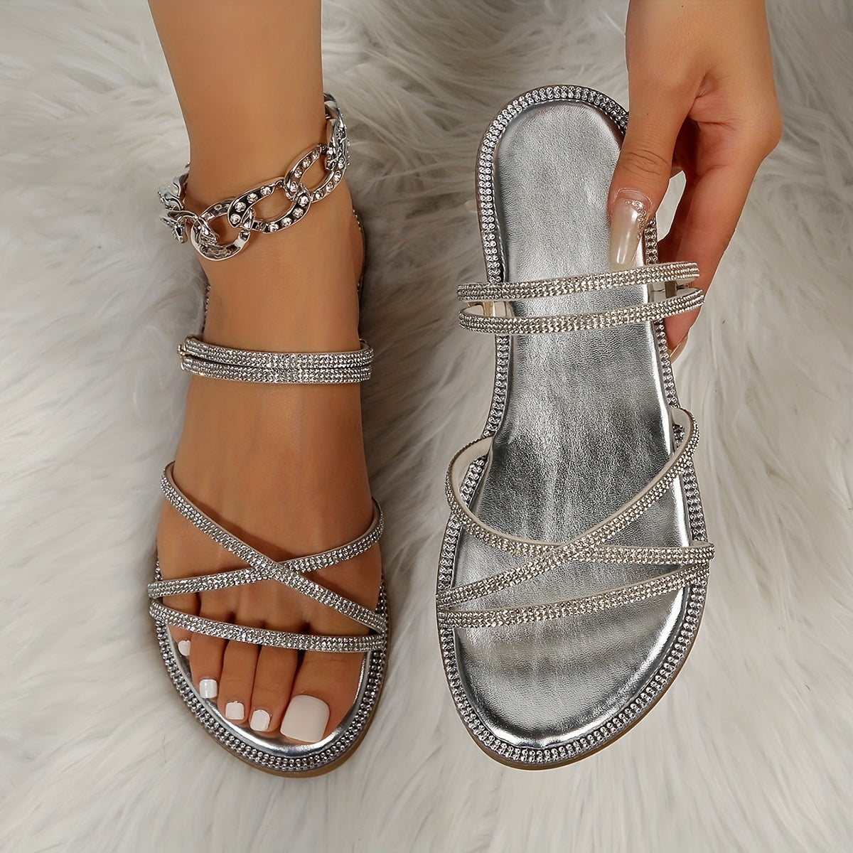 Women's Rhinestone Flat Slide Sandals Open-Toe Slip-On Adjustable Strap