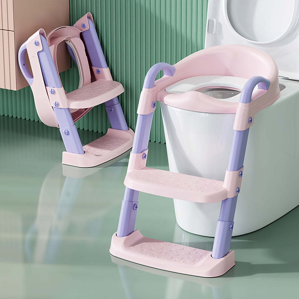Kids Adjustable Height Step Stool with Safety Handles and Foldable Plastic Chair