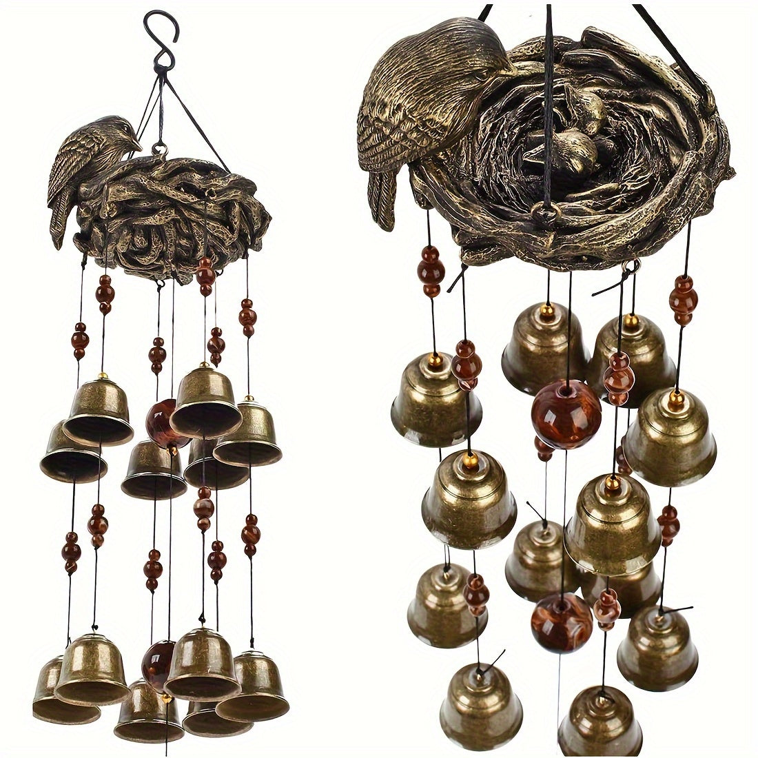 Bronze Bird Nest Wind Chime with 12 Bells Garden Decoration Gift
