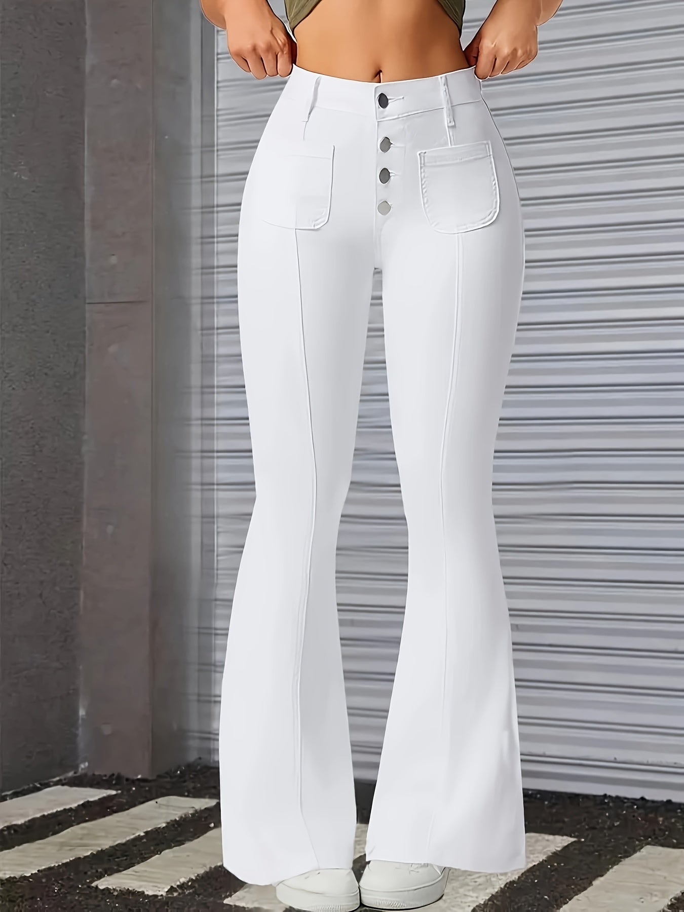 Women's Plus Size Flare Jeans White Long-Length Stretchy Casual Pants
