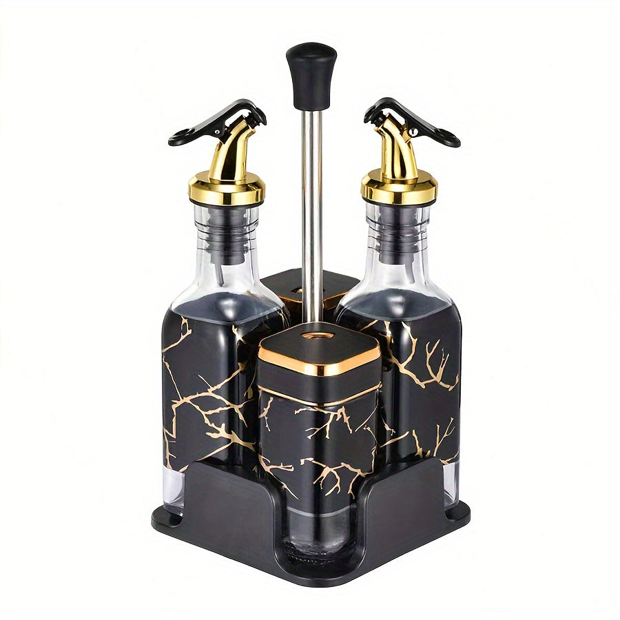 Glass Oil and Vinegar Dispenser Set with Salt and Pepper Shakers and Marble Stand