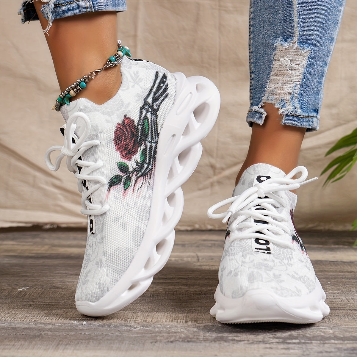 Women's Flower Pattern Platform Sneakers Breathable Knit Lace-Up Outdoor Shoes