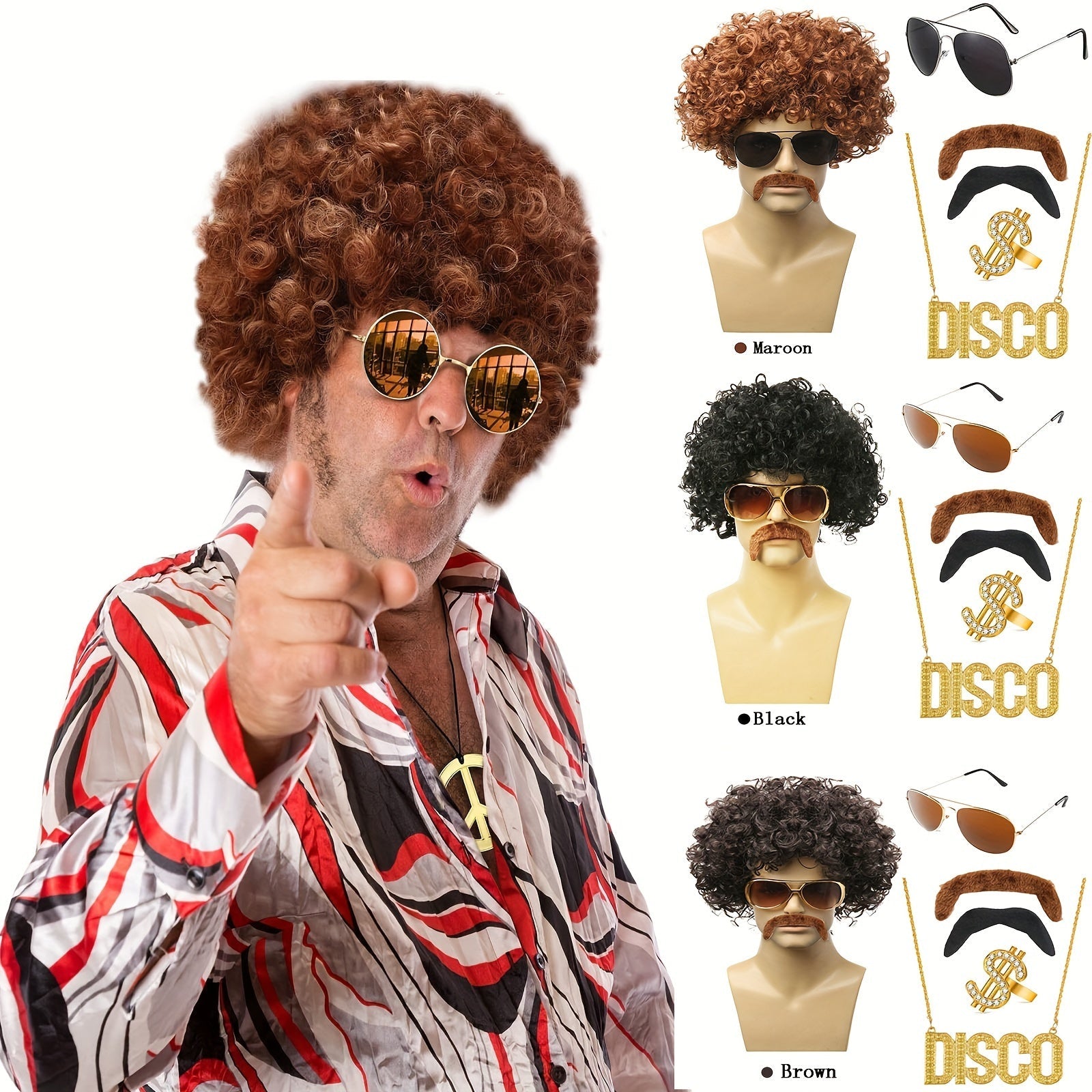 70s 80s Disco kostyum to'plami, buklangan sochli parik, ko'zoynaklar, soqol, taqinchoq, partiyaga mos