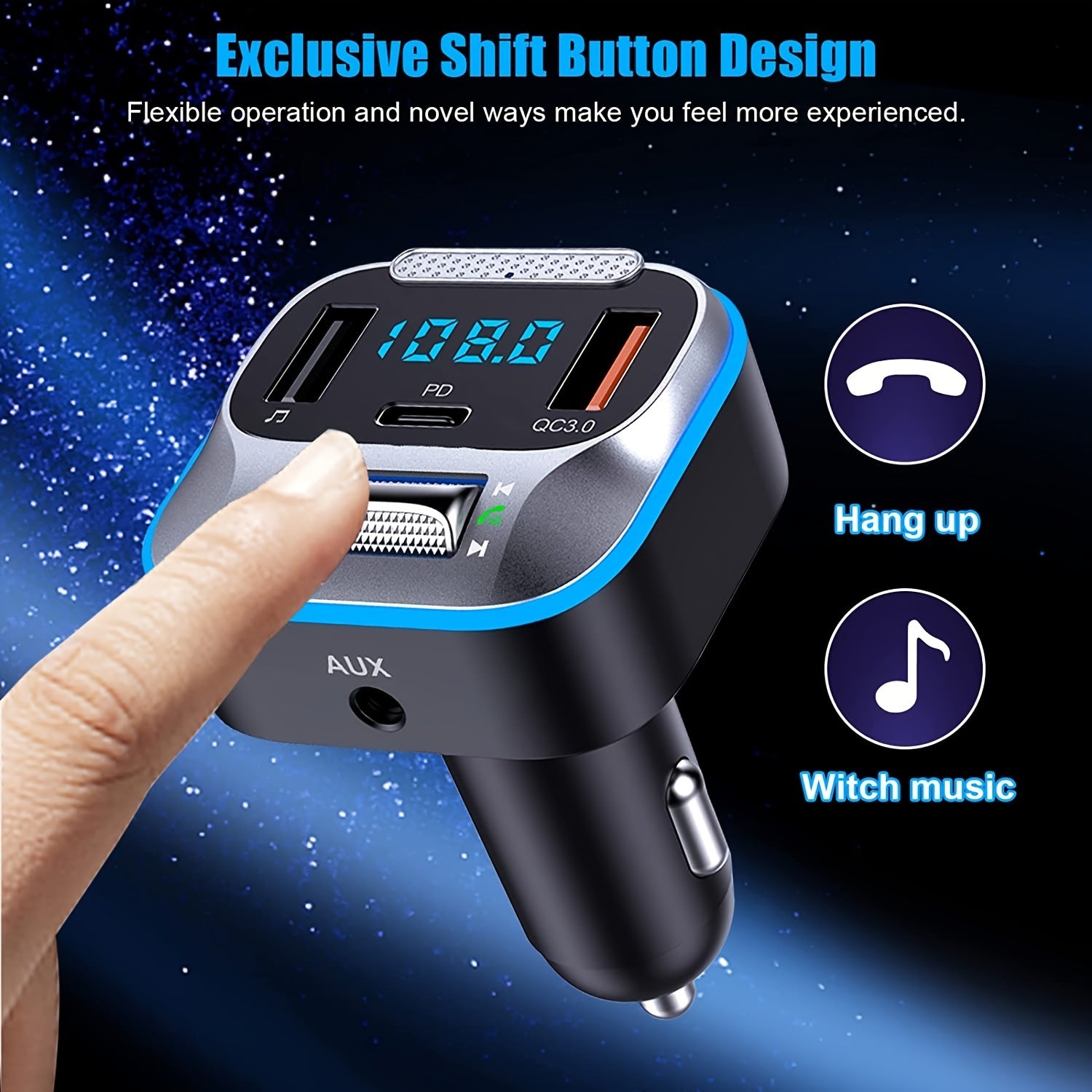 Car Wireless Transmitter Bluetooth Adapter 30W PD QC3.0 Hands-Free Calling LED Console