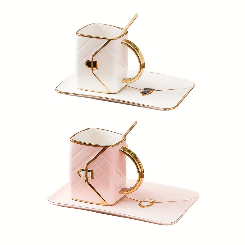 Pink and White Teacup Set with Gold Handles Quilted Design for Afternoon Tea